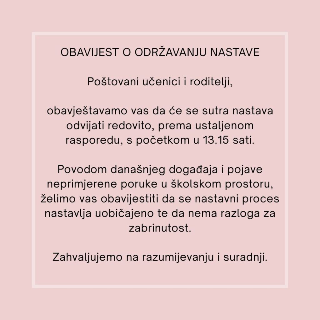 Obavijest o održavanju nastave